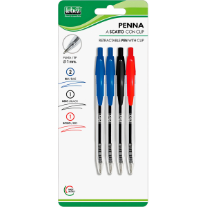 Penna a scatto con clip, punta diametro 1 mm, set 4 pz