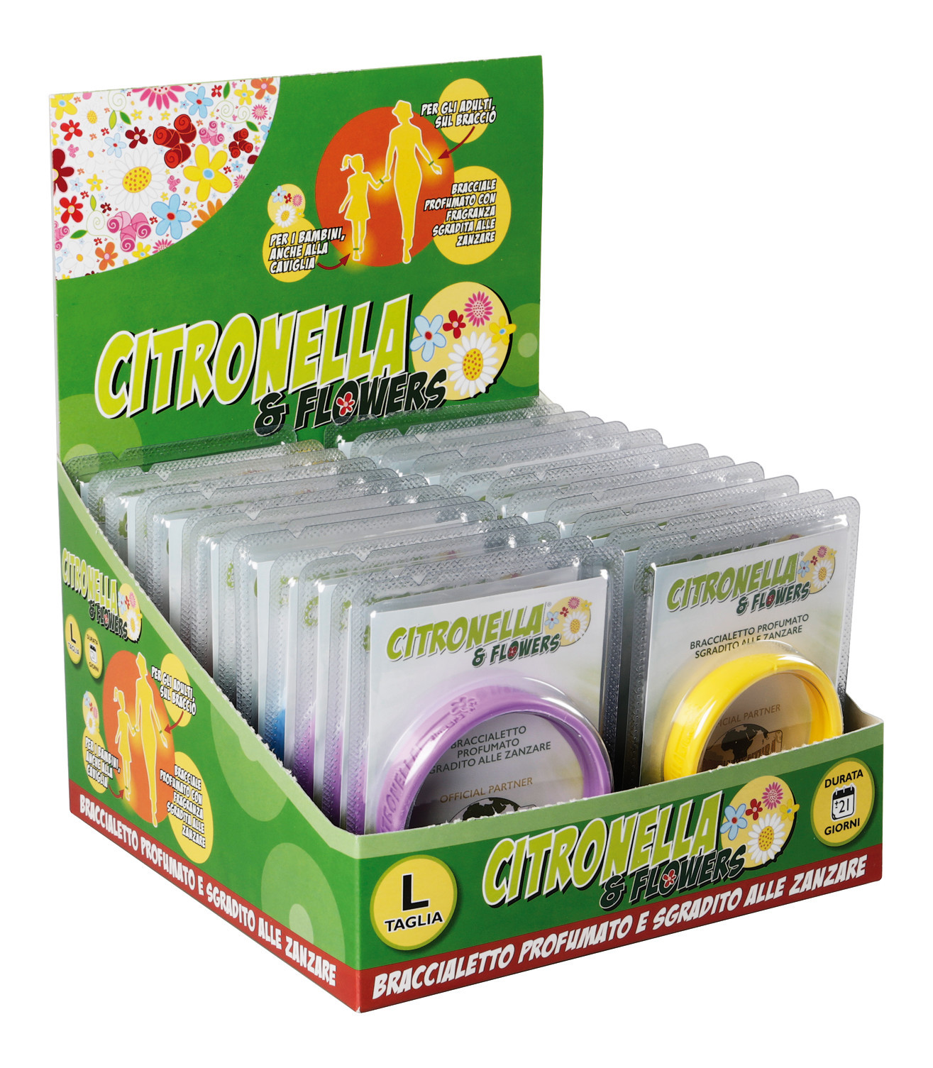 Citronella & Flowers, Espositore da banco 26 pz braccialetti antizanzare profumati - immagine 3