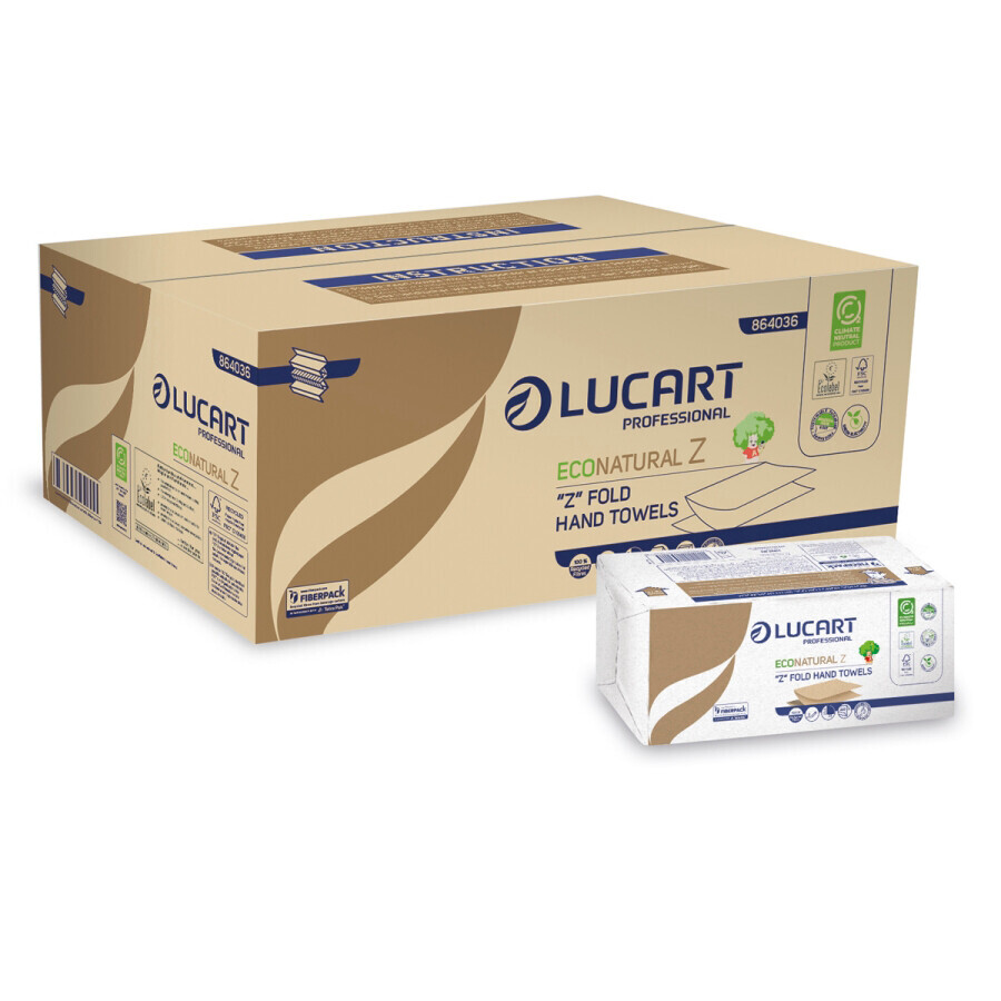 Asciugamani piegati a “Z”, Lucart Econatural Z, 23x23,5 cm, 2 veli, avana, 220 fogli - Conf. 18 pacchetti