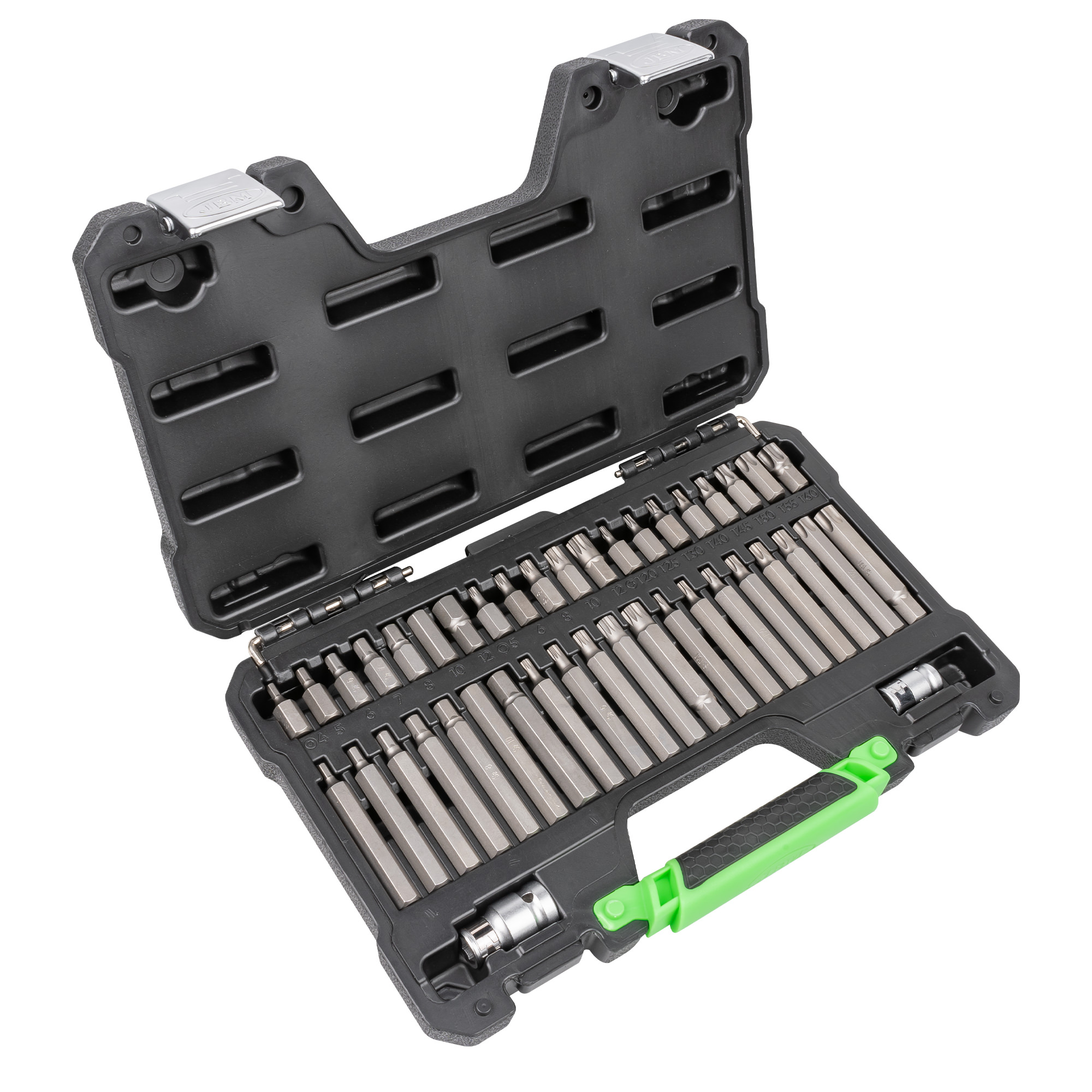 VALIGETTA DI 42 PEZZI CON INSERTI ESAGONALI, A 12 CANTI E TORX 1/2" E 3/8"