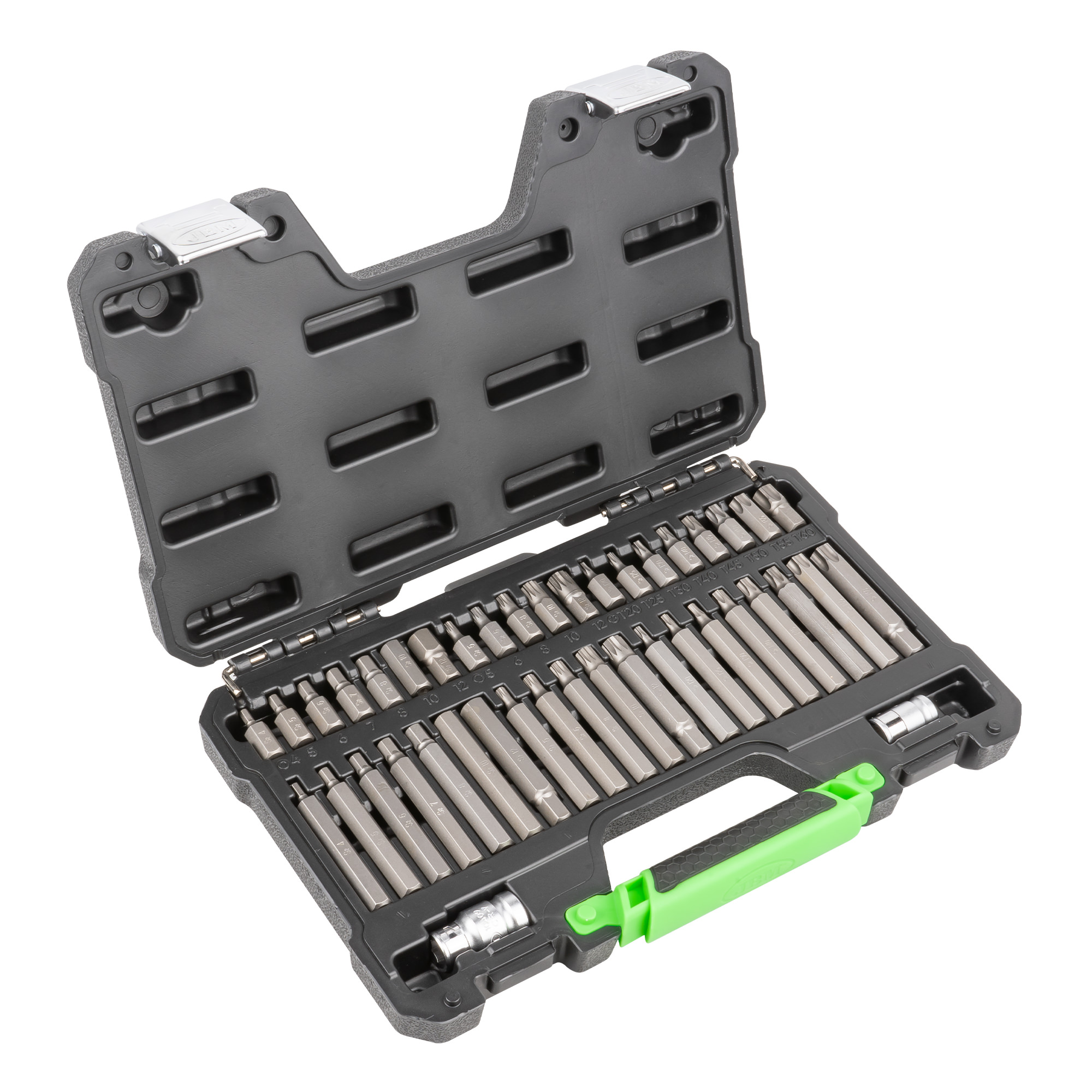 VALIGETTA DI 42 PEZZI CON INSERTI ESAGONALI, A 12 CANTI E TORX INVIOLABILI 1/2" E 3/8"