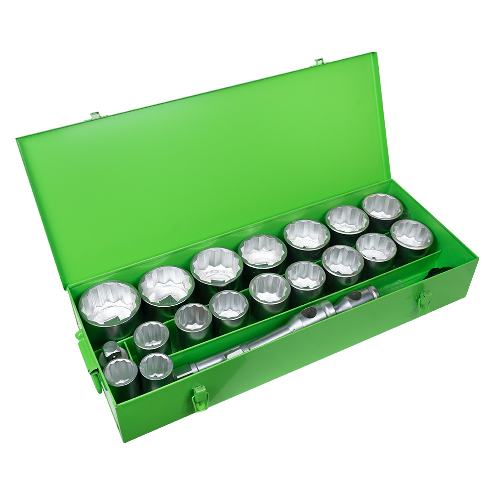 SET METALLICO DA 21 PEZZI CON BUSSOLE A 12 PUNTE DA 1" – FINITURA ZINCATA