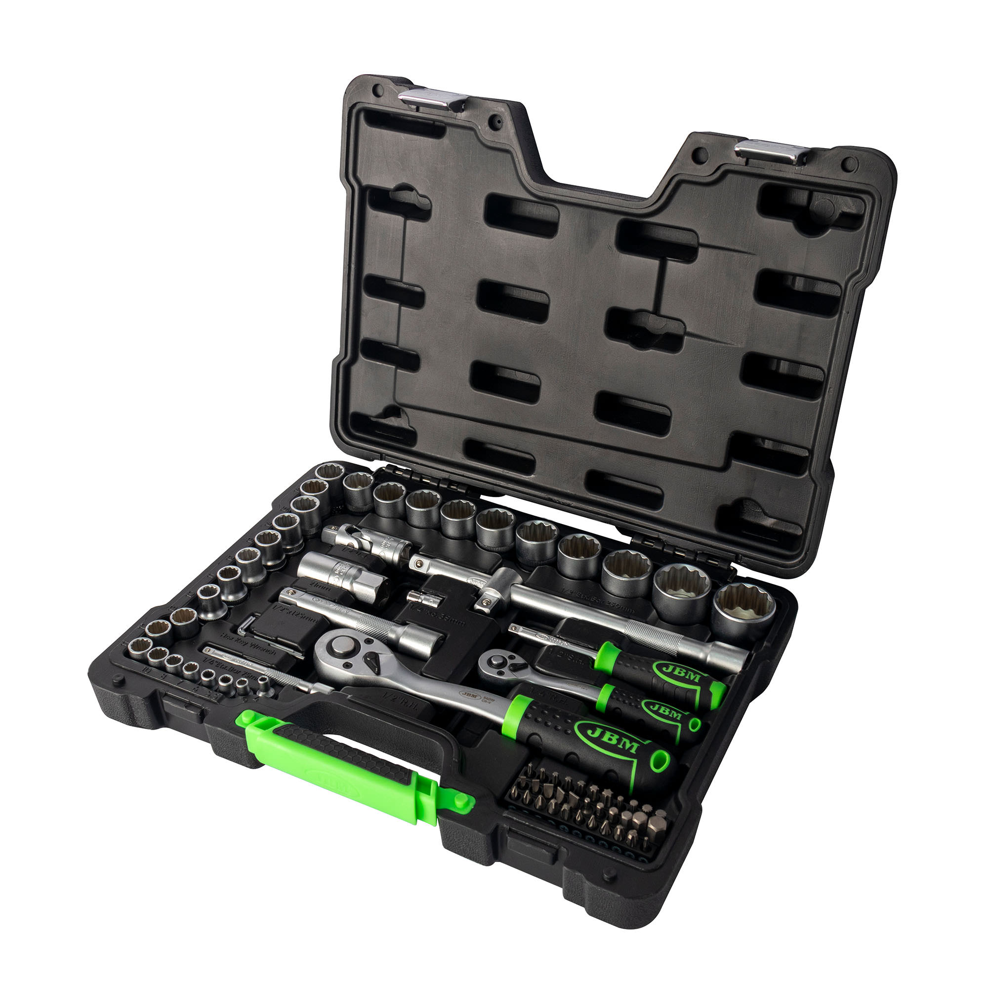 SET DI UTENSILI DA 74 PEZZI CON BUSSOLE BI-ESAGONALI DA 1/2" E 1/4" – FINITURA ZINCATA