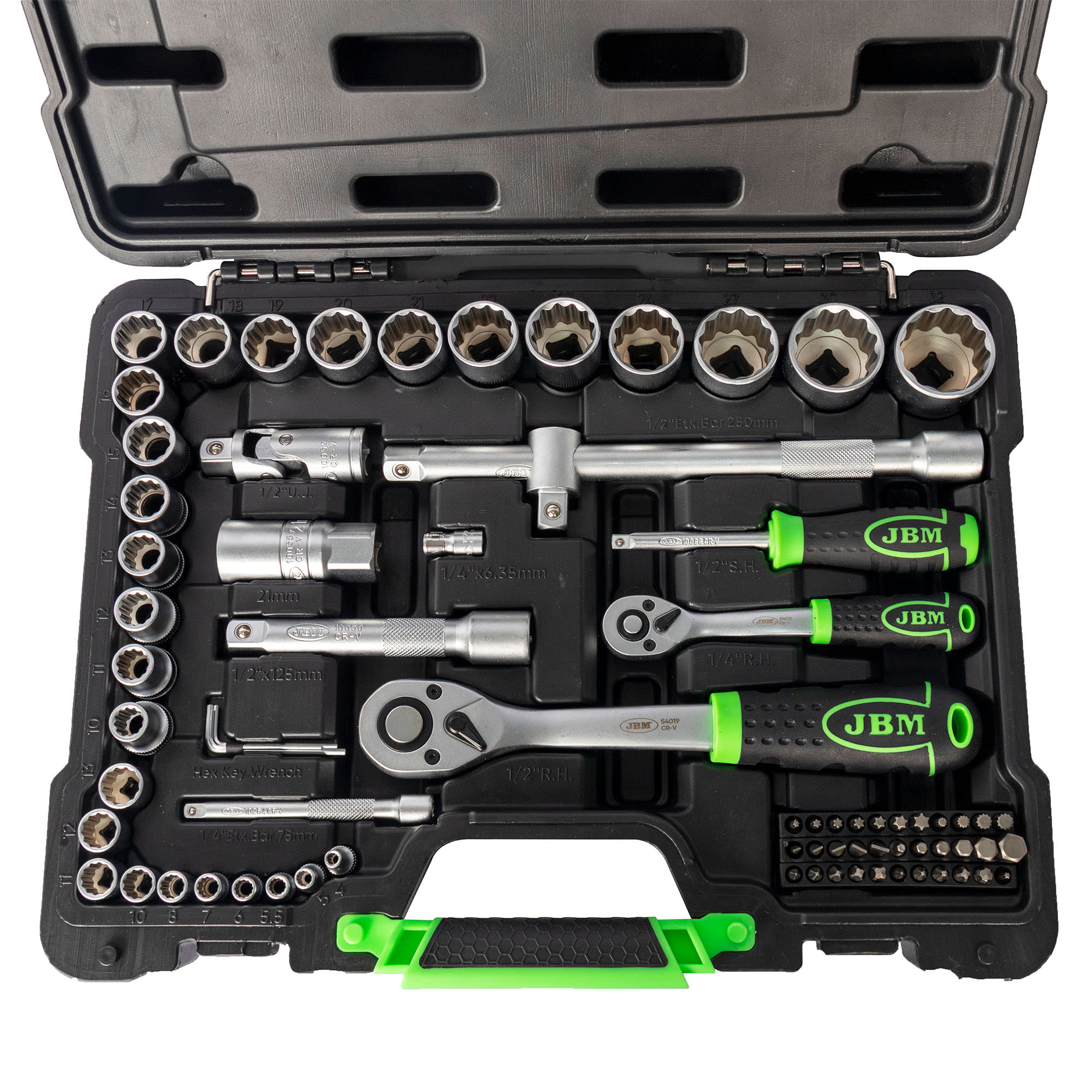 SET DI UTENSILI DA 74 PEZZI CON BUSSOLE BI-ESAGONALI DA 1/2" E 1/4" – FINITURA ZINCATA - immagine 2