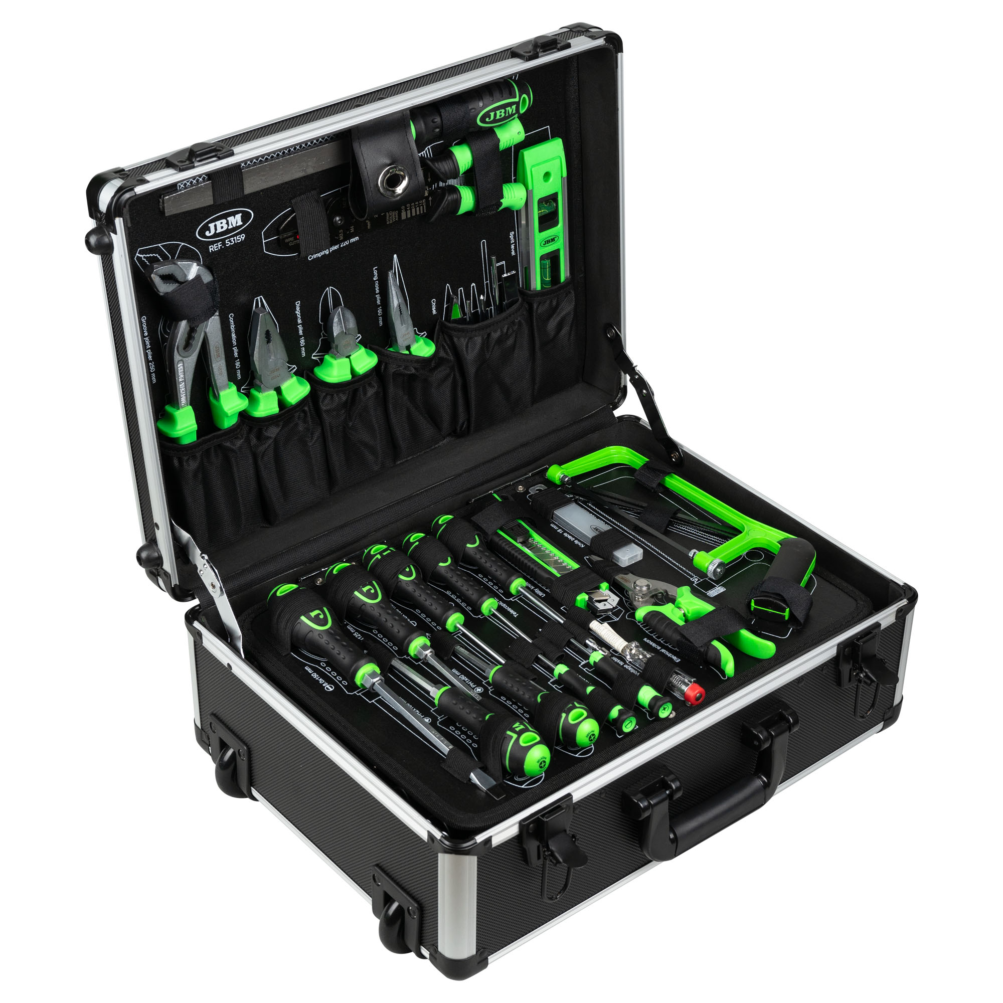 SET DI UTENSILI DA 159 PEZZI IN ALLUMINIO CON BUSSOLE DA 1/4" E 1/2" – FINITURA ZINCATA