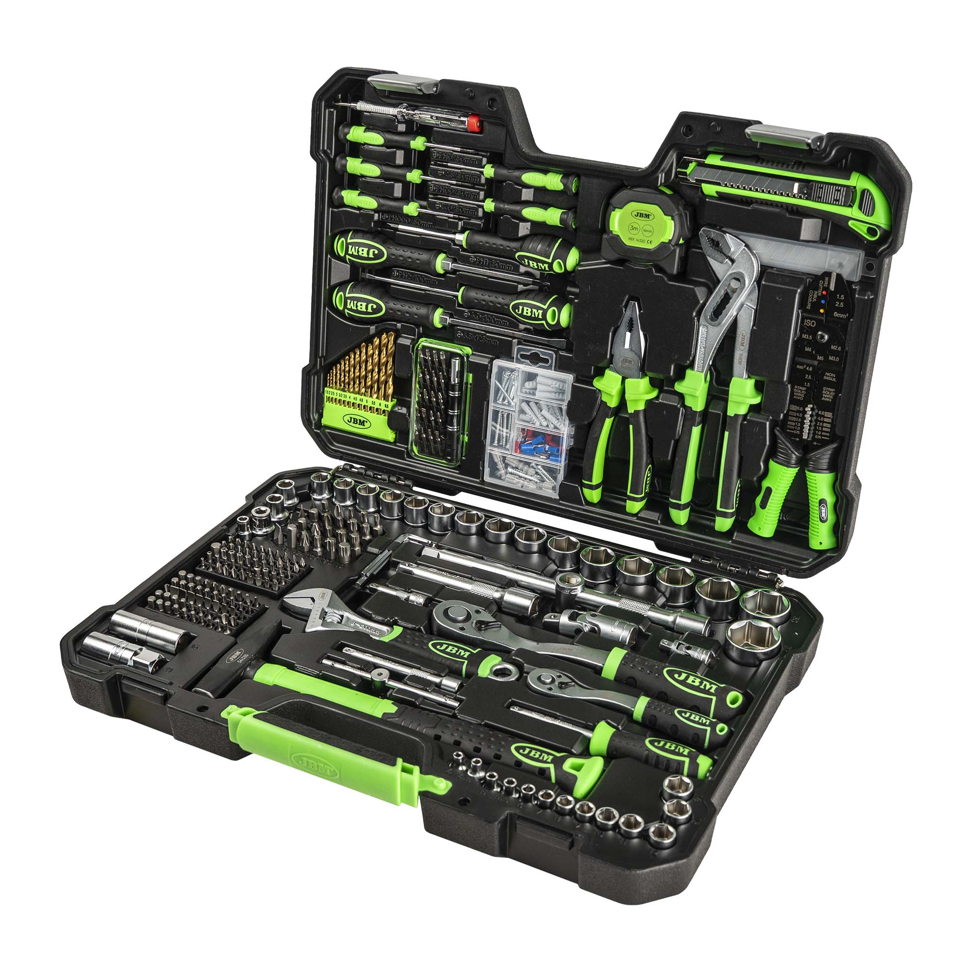 SET DI UTENSILI DA 302 PEZZI CON BUSSOLE ESAGONALI DA 1/2" E 1/4" – FINITURA ZINCATA