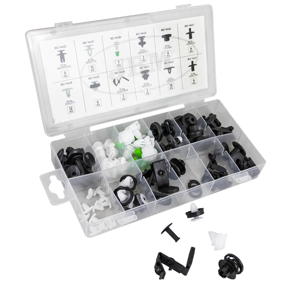 ASSORTIMENTO DI 79 PZ. CLIP PER PANNELLI PORTA/MODANATURA/TAPPEZZATURA VAG/SEAT/SKODA