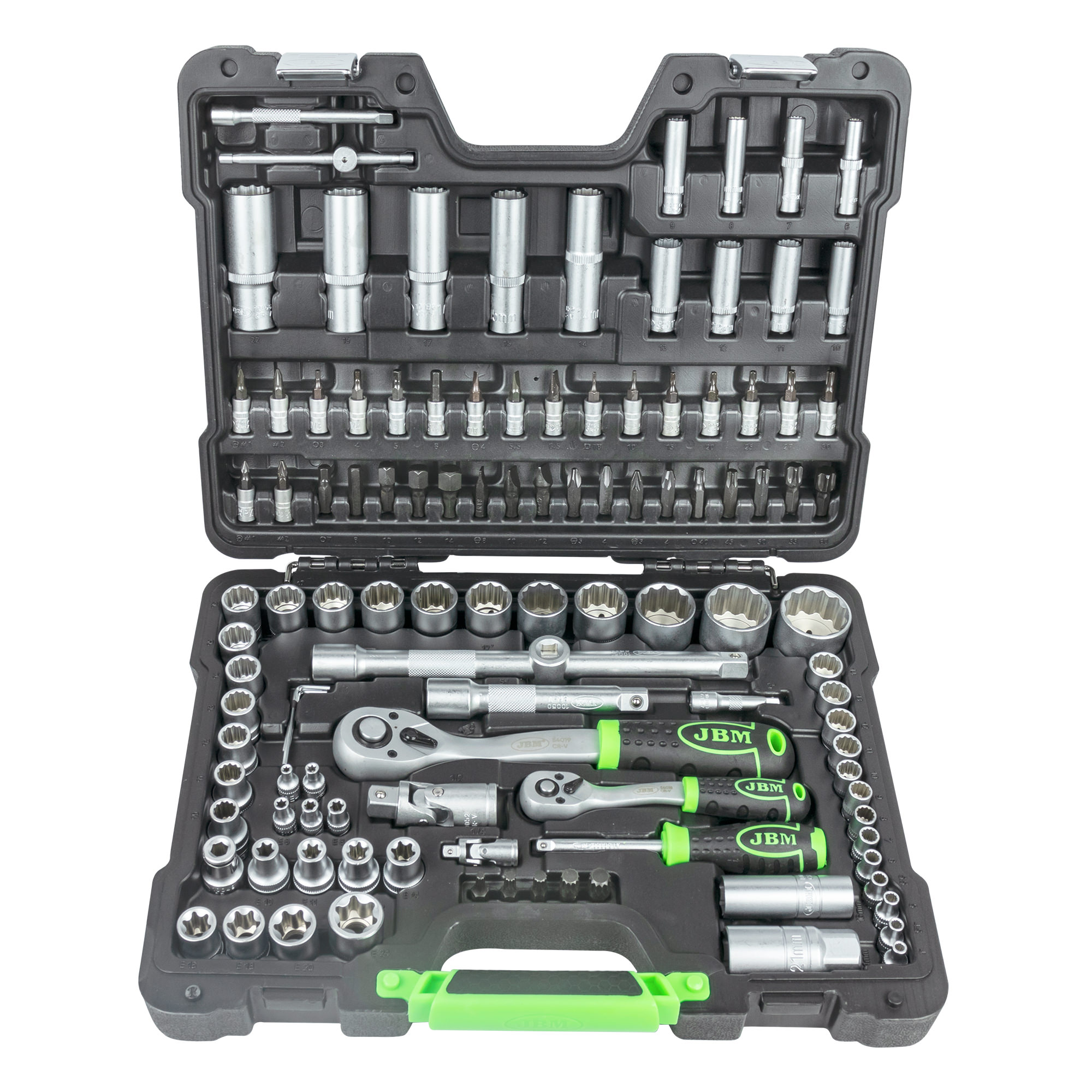 SET DI UTENSILI DA 113 PEZZI CON BUSSOLE A 12 LATI DA 1/4" E 1/2" – FINITURA ZINCATA