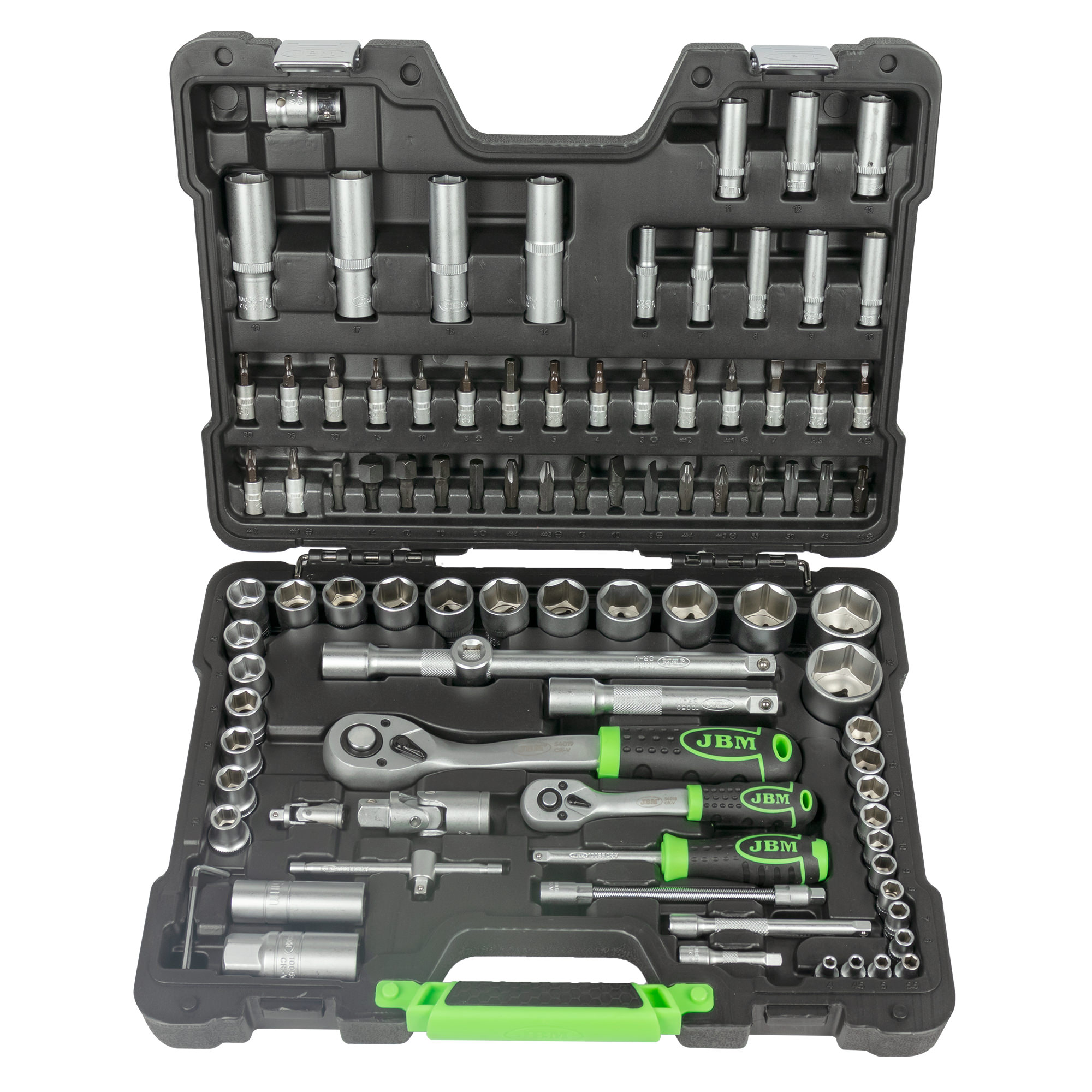 SET DI UTENSILI DA 94 PEZZI CON BUSSOLE ESAGONALI DA 1/4" E 1/2" – FINITURA ZINCATA