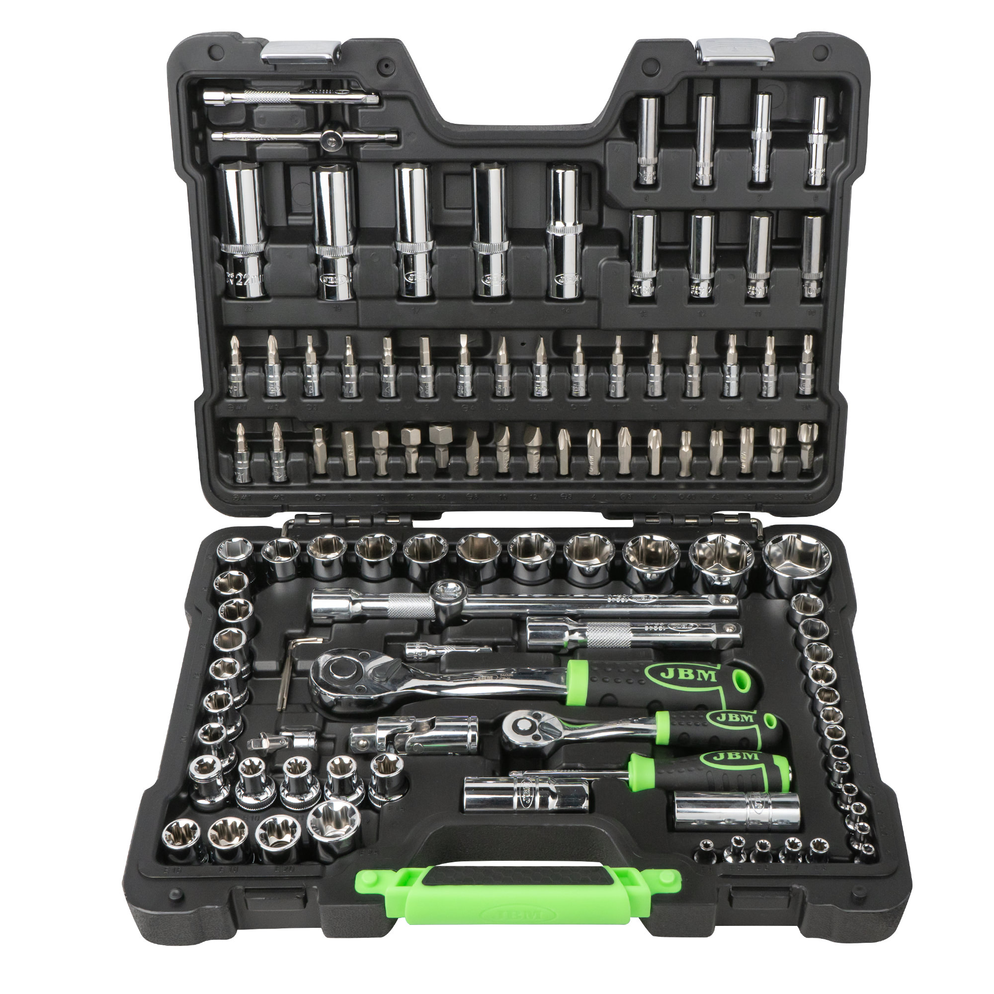 SET DI UTENSILI DA 108 PEZZI CON BUSSOLE ESAGONALI DA 1/4" E 1/2" – FINITURA CROMATA