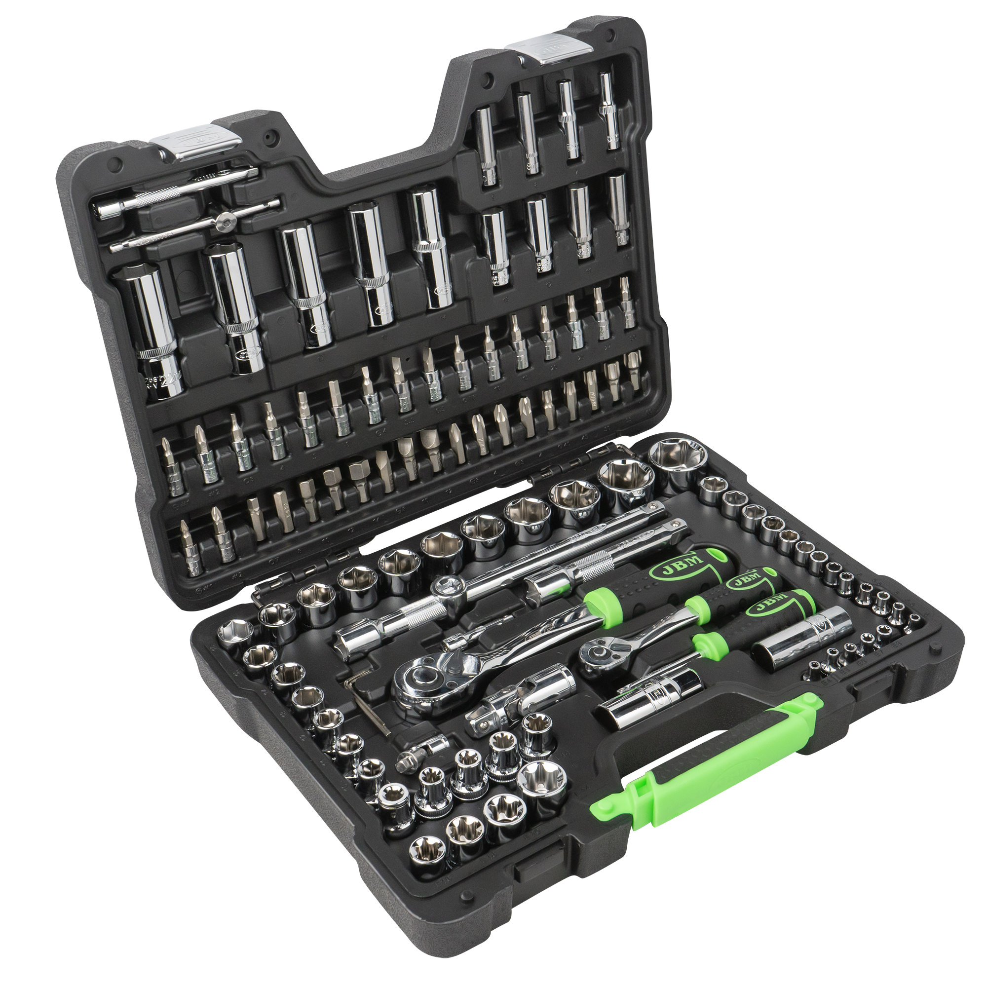 SET DI UTENSILI DA 108 PEZZI CON BUSSOLE ESAGONALI DA 1/4" E 1/2" – FINITURA CROMATA - immagine 2