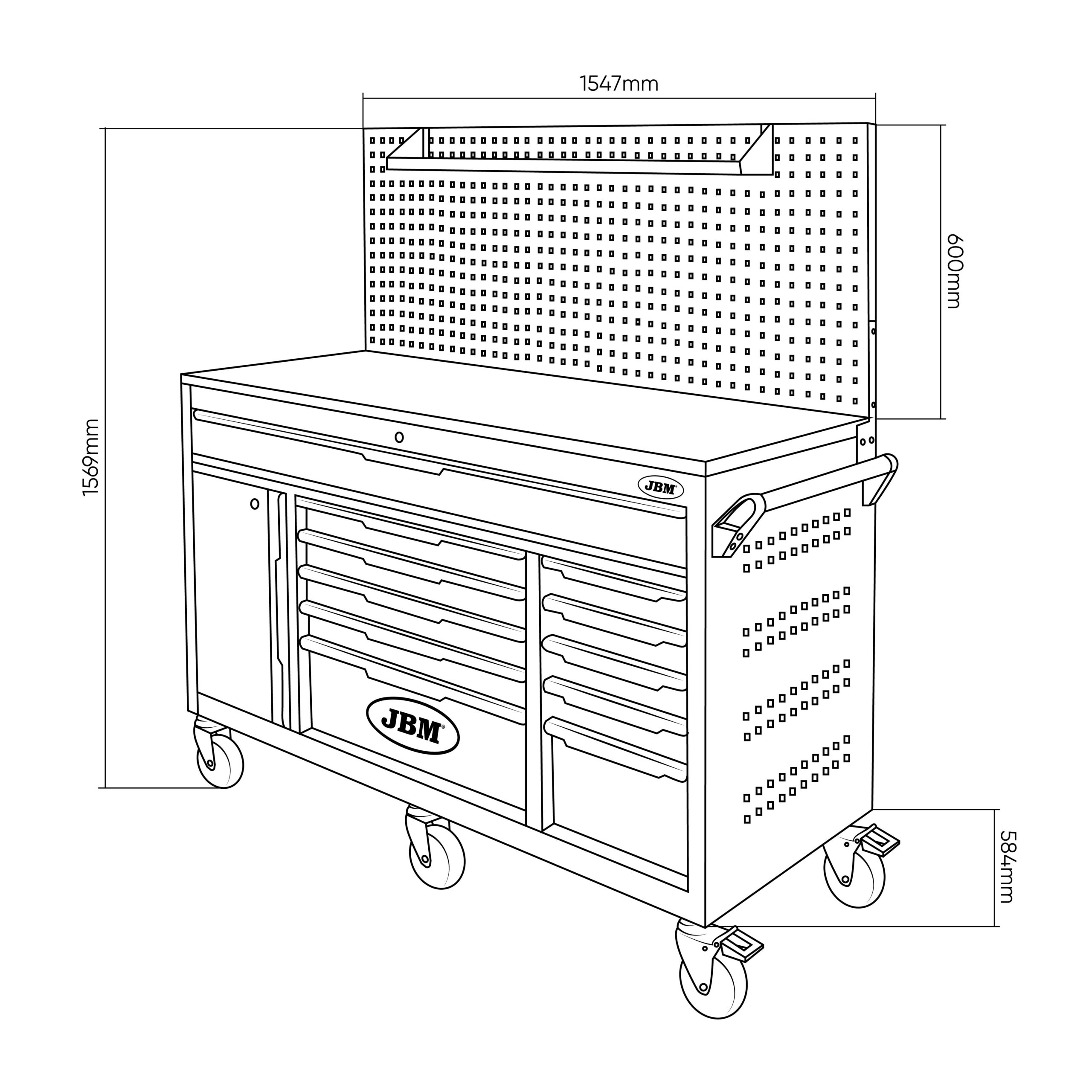 CARRELLO CON 11 CASSETTI E PANNELLO FORATO - CON UTENSILI 332 PEZZI