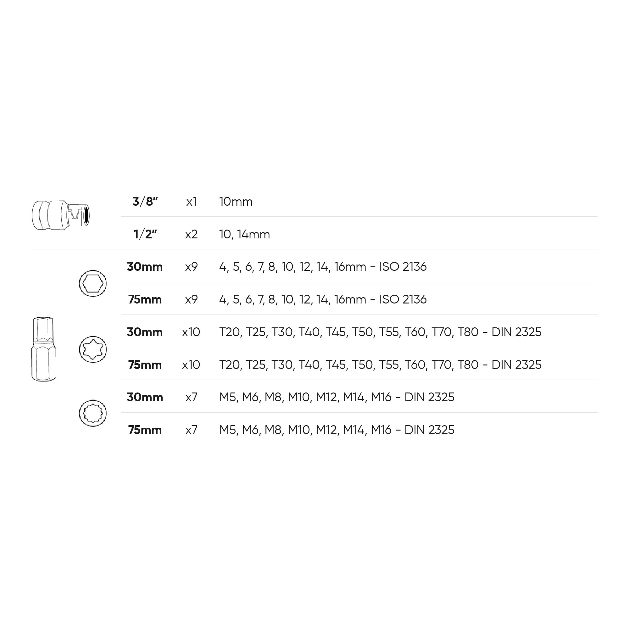 VALIGETTA DI 55 PEZZI CON INSERTI ESAGONALI, A 12 CANTI E TORX E ADATTATORI 1/2" E 3/8" - immagine 7