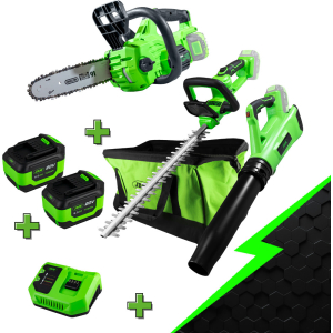 KIT SPECIALE GIARDINAGGIO: TAGLIASIEPI + MOTOSEGA + SOFFIATORE + BATTERIA + CARICABATTERIE