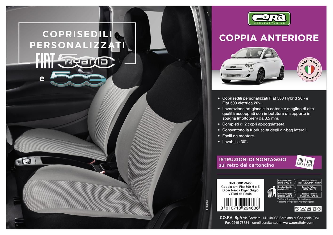 Coprisedili anteriori personalizzati Fiat 500 Hybrid 26> e 500 Elettrica 20> tess. misto cotone nero/grigio/pied de poule - immagine 3