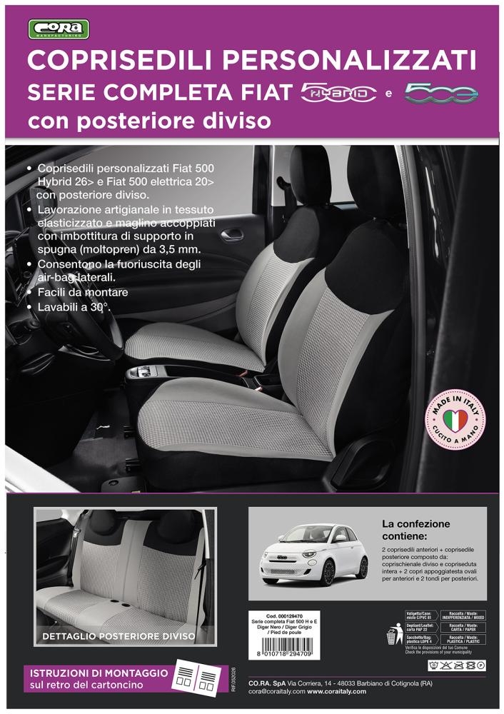 Serie completa coprisedili personalizzati Fiat 500 Hybrid 26> e 500 Elettrica 20> post. diviso tess. misto cotone nero/grigio/pied de poule - immagine 3