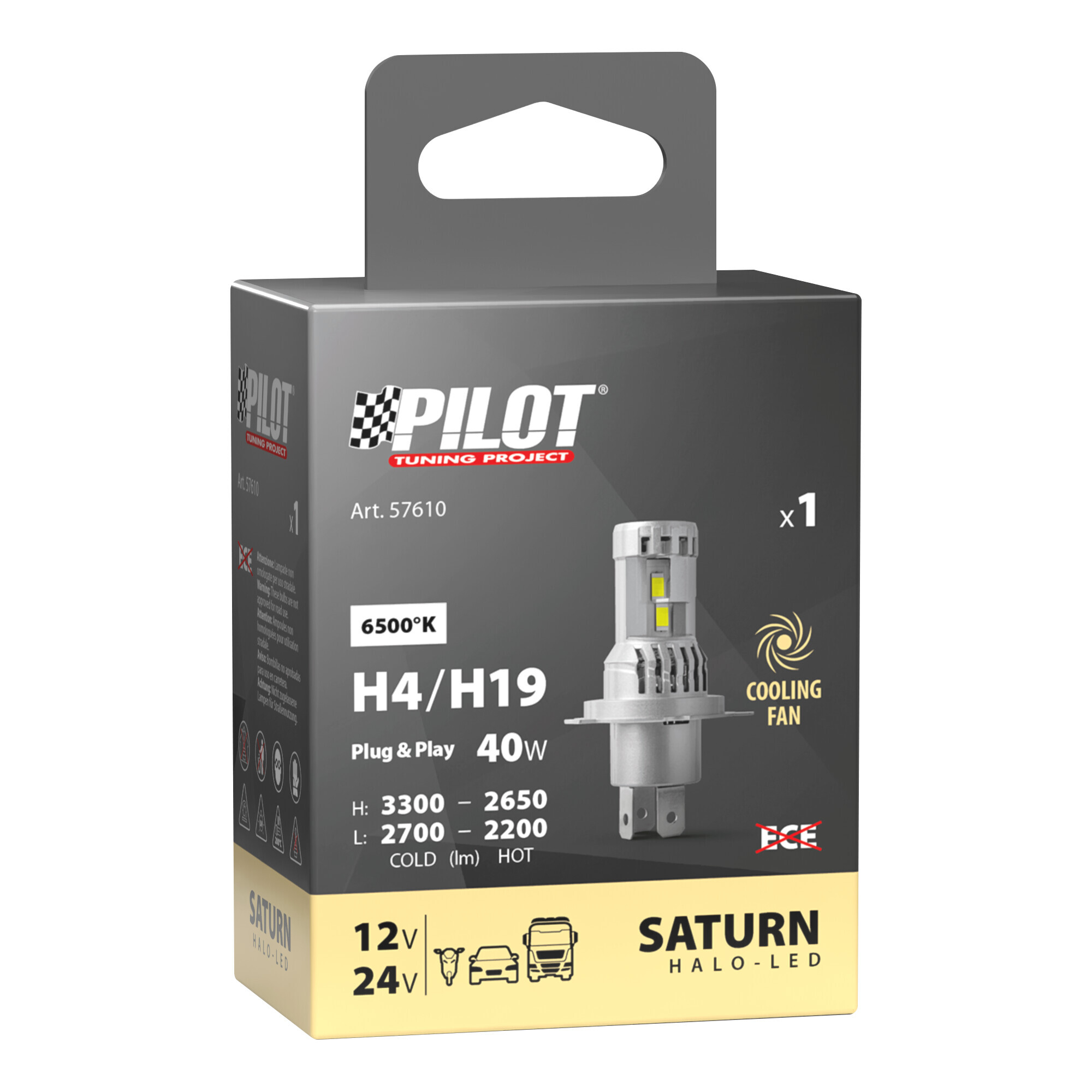 12/24V Halo Led Saturn Series, kit conversione a Led - (H4-H19) - 40W - P43t / PU43t-3 - 1 pz - Scatola - immagine 3