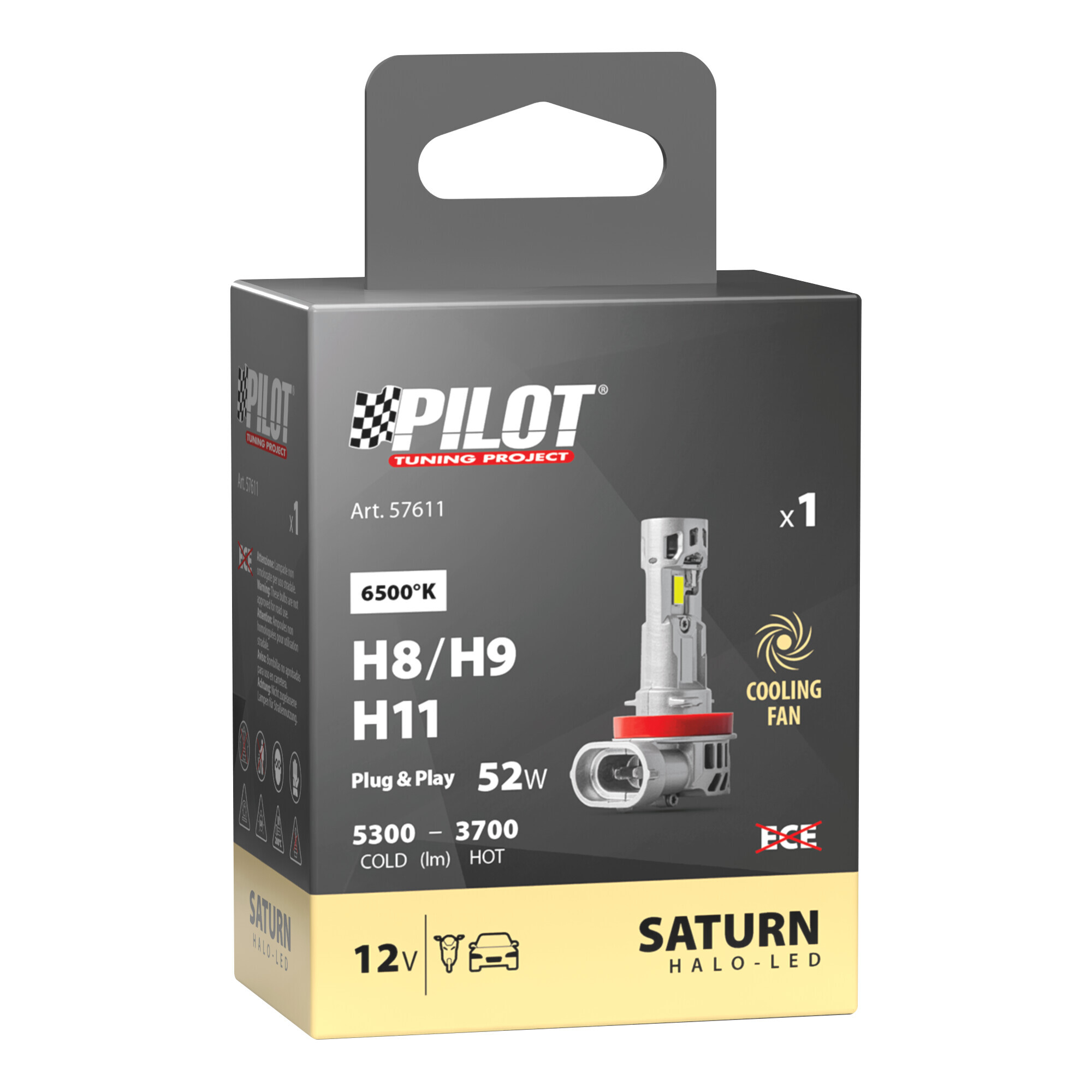 12V Halo Led Saturn Series, kit conversione a Led - (H8-H9-H11) - 52W - PGJ19-X - 1 pz - Scatola - immagine 3
