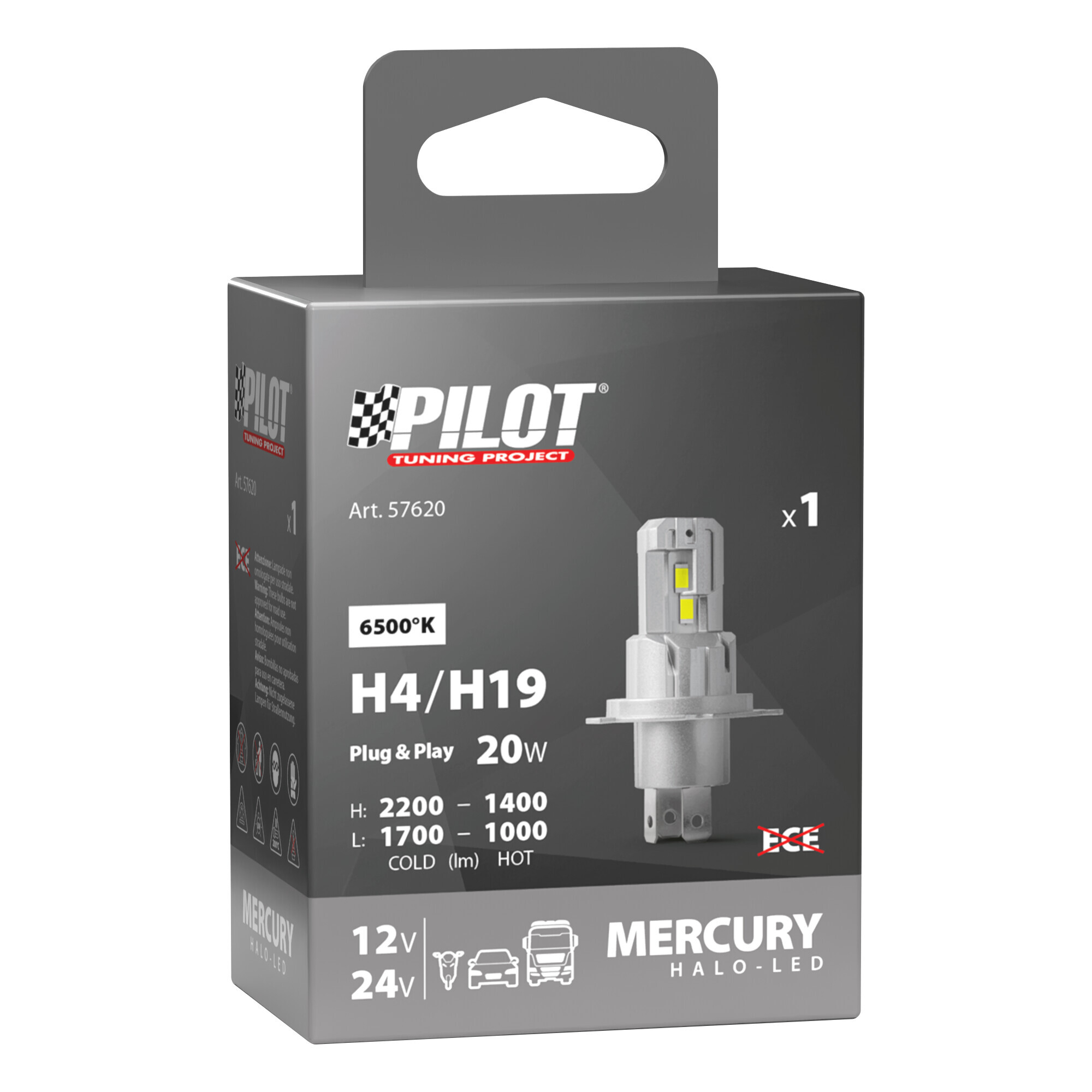 12/24V Halo Led Mercury Series, kit conversione a Led - (H4-H19) - 20W - P43t / PU43t-3 - 1 pz - Scatola - immagine 3