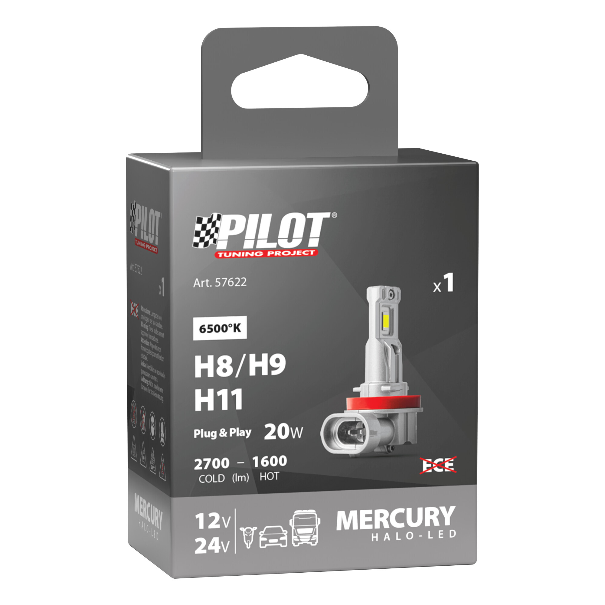 12/24V Halo Led Mercury Series, kit conversione a Led - (H8-H9-H11) - 20W - PGJ19-X - 1 pz - Scatola - immagine 3