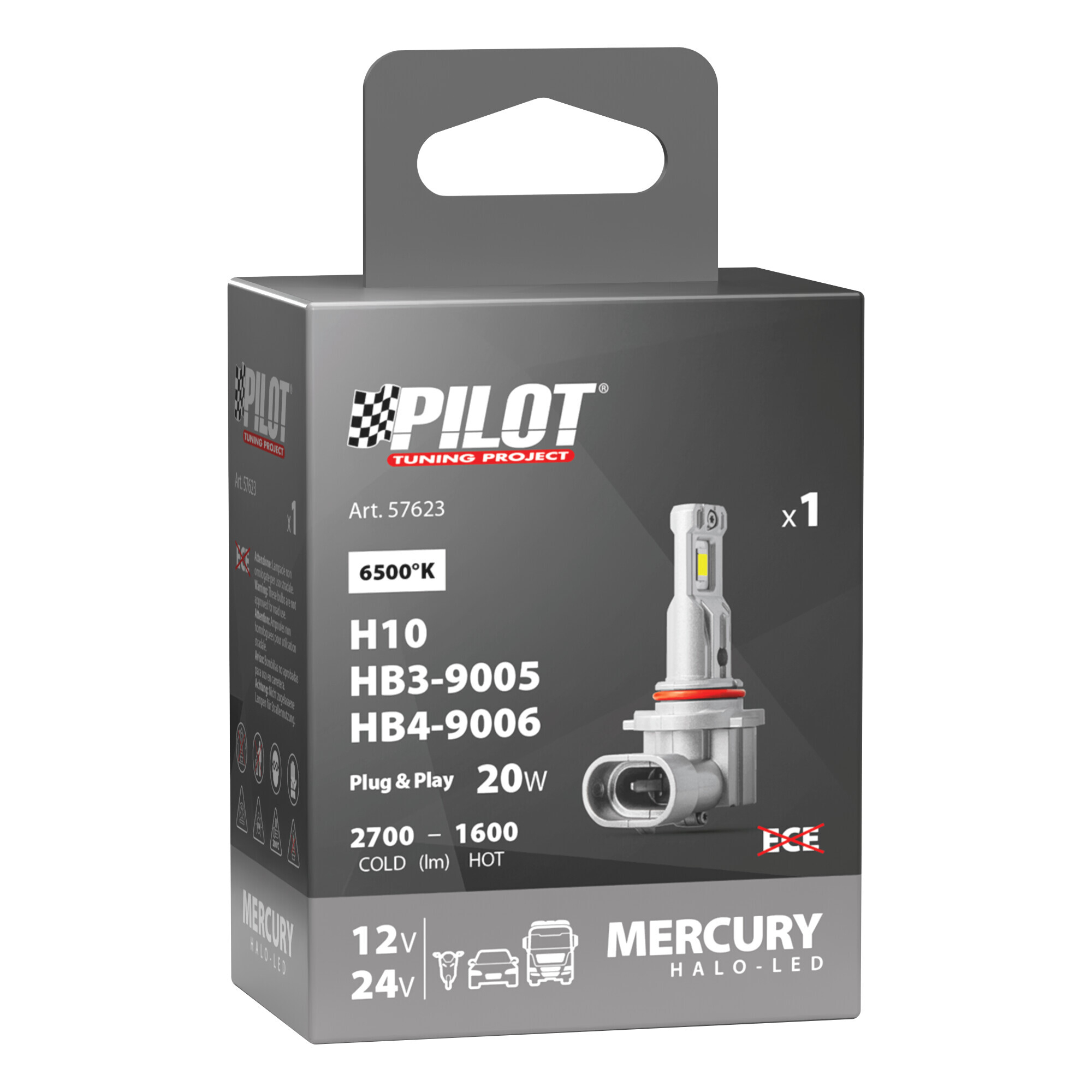 12/24V Halo Led Mercury Series, kit conversione a Led - (H10-HB3-HB4) - 20W - PY20d / P20d / P22d - 1 pz - Scatola - immagine 3
