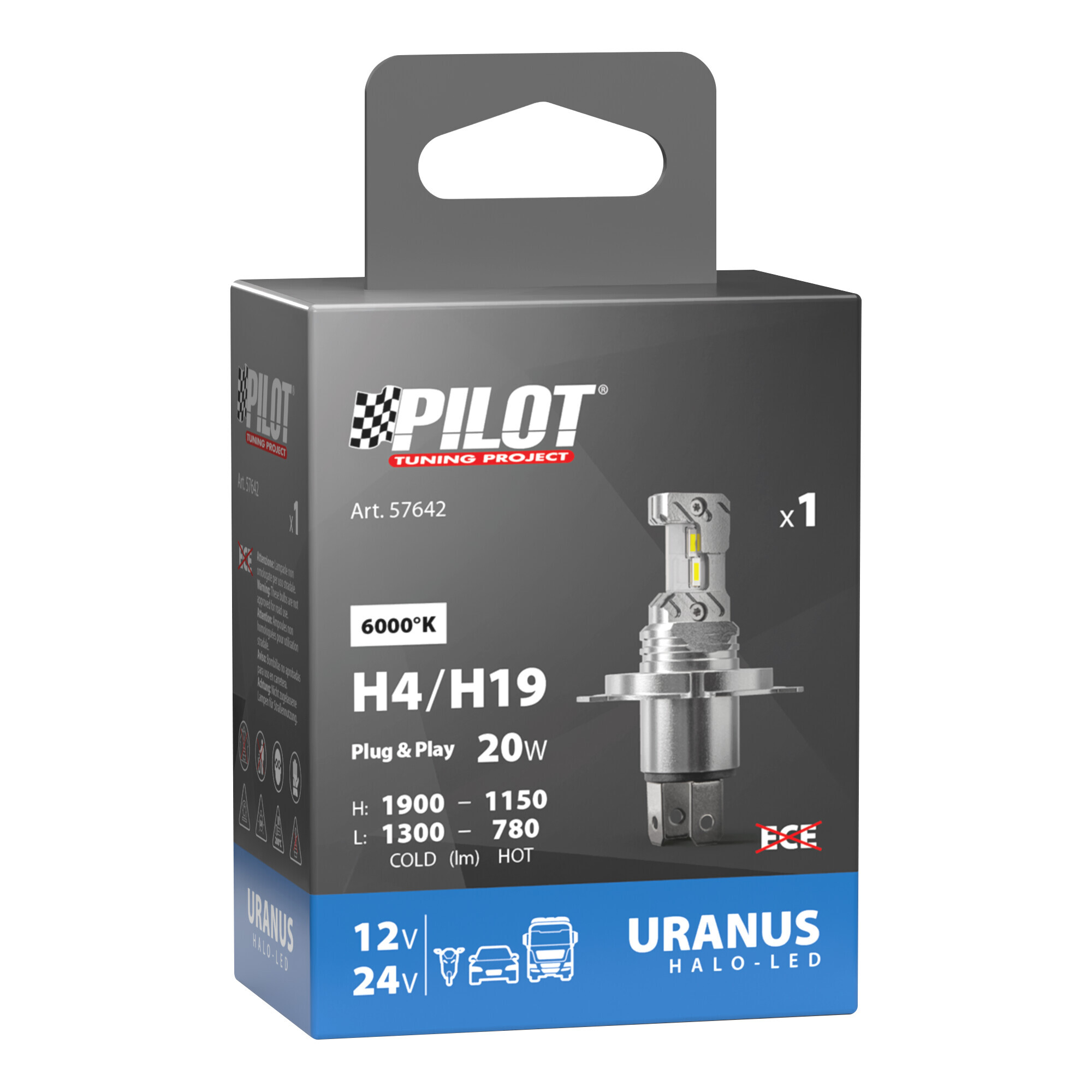 12/24V Halo Led Uranus Series, kit conversione a Led - (H4-H19) - 20W - P43t / PU43t-3 - 1 pz - Scatola - immagine 3