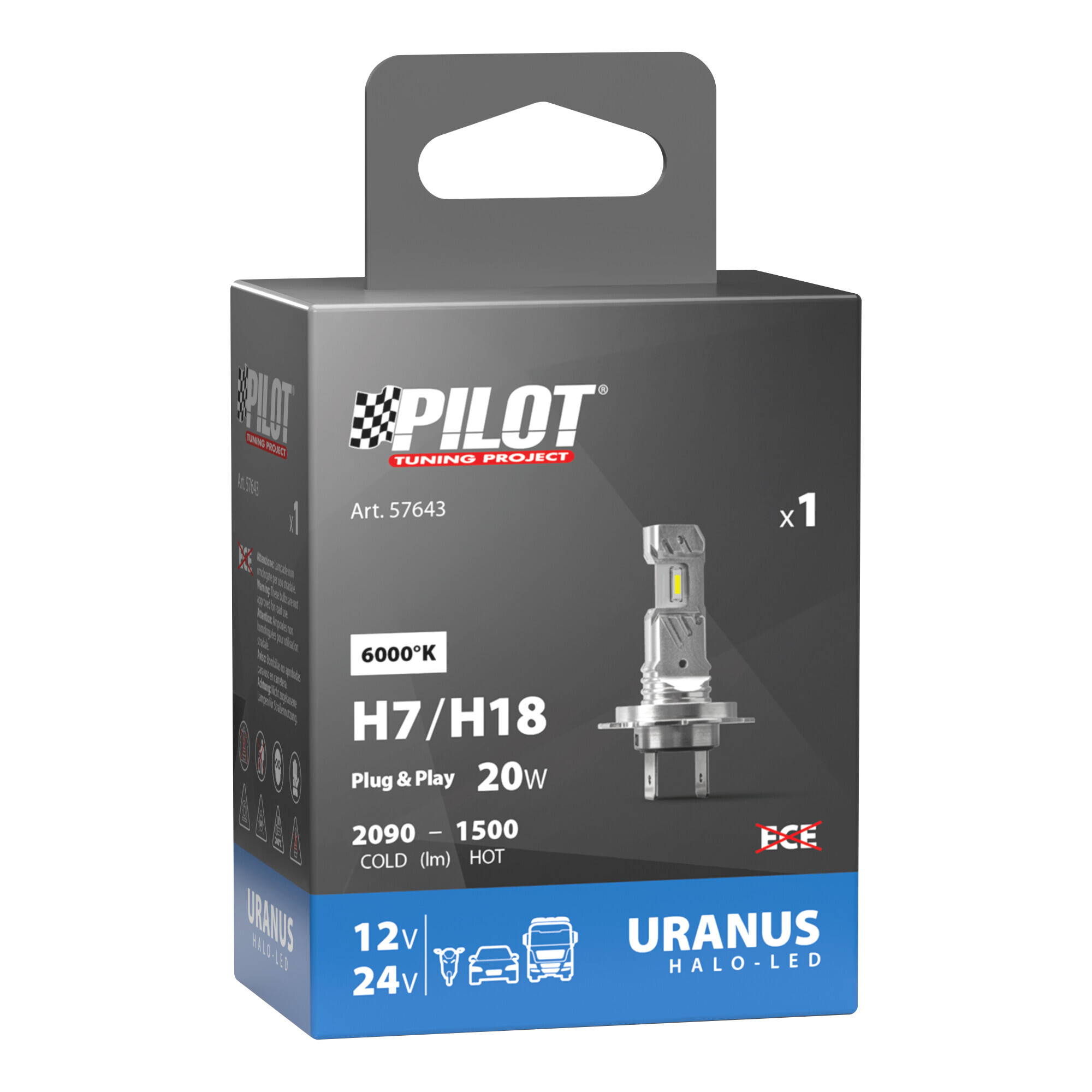 12/24V Halo Led Uranus Series, kit conversione a Led - (H7-H18) - 20W - PX26d / PY26d-1 - 1 pz - Scatola - immagine 3