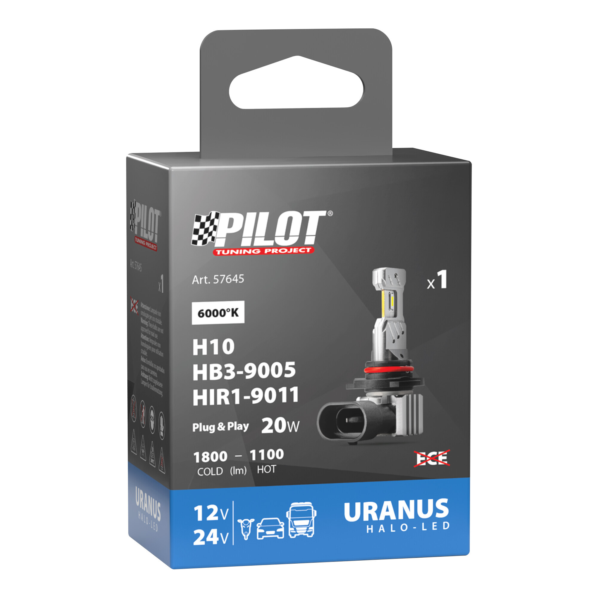 12/24V Halo Led Uranus Series, kit conversione a Led - (H10-HB3-HIR1) - 20W - P20d - 1 pz - Scatola - immagine 3