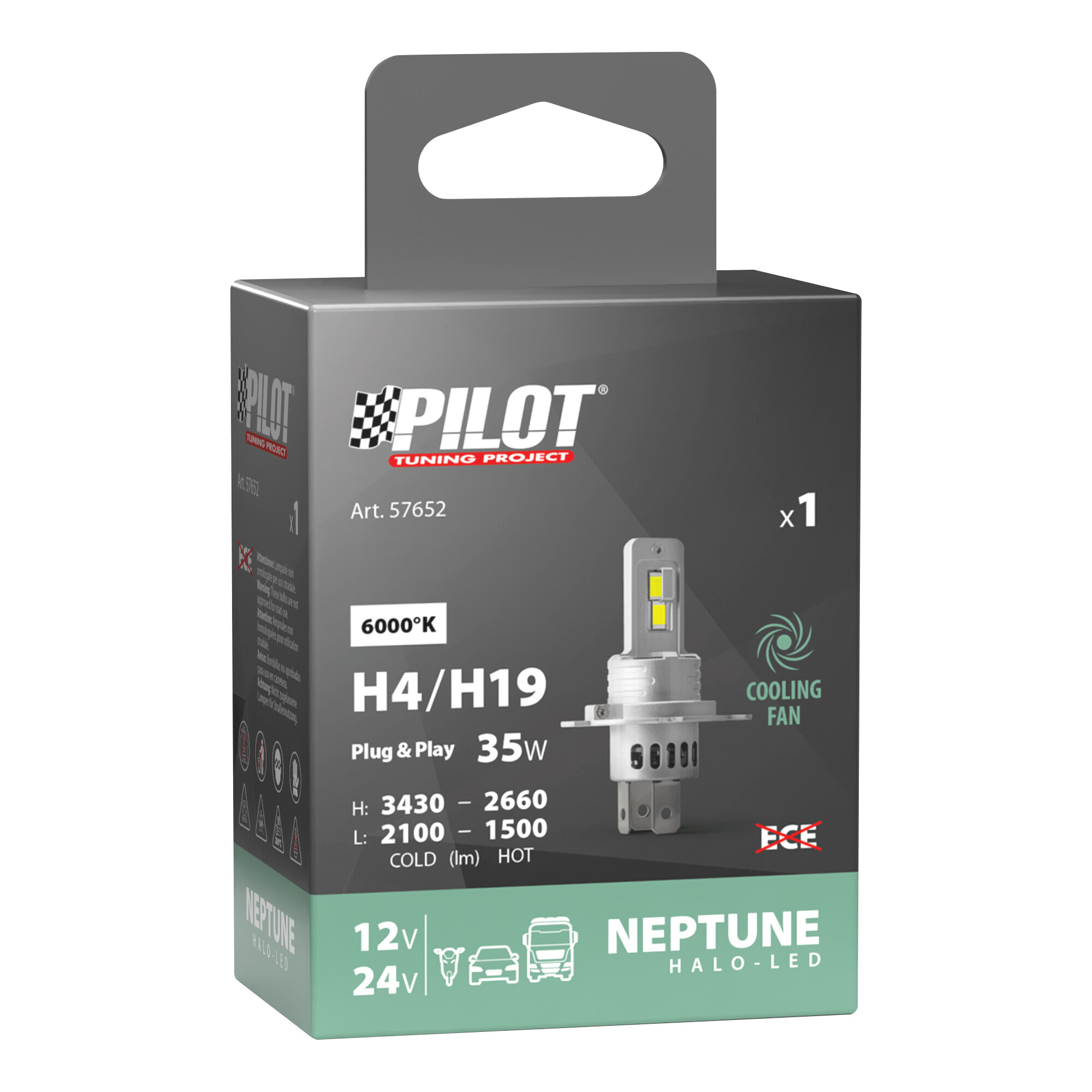 12/24V Halo Led Neptune Series, kit conversione a Led - (H4-H19) - 35W - P43t / PU43t-3 - 1 pz - Scatola - immagine 3